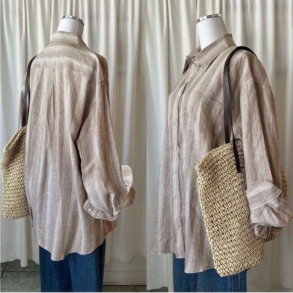 JoS. A. BANK Traveler’s Cellection brown striped 100% linen button-down shirt. - Picture 7 of 8